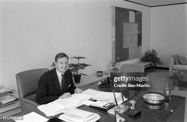 David Rockefeller , American banker, served as chairman and chief executive of Chase Manhattan Corporation, in his office, 1962.