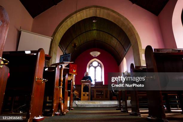 Reverend Anna Rodwell prerecords a Sunday service at Ednam Parish Church on May 09, 2020 in Ednam, Scotland. Churches and cathedrals across the Uk...