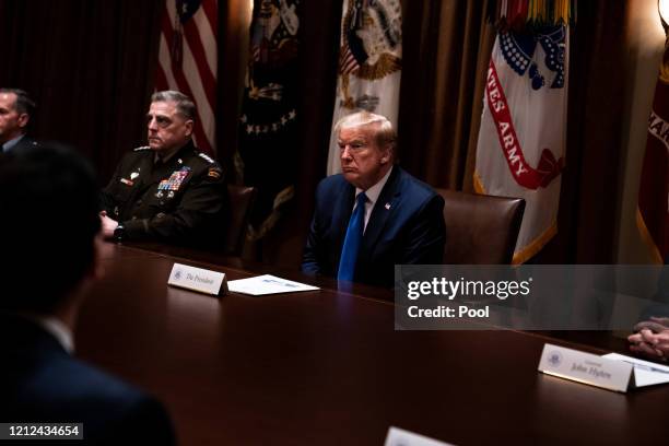 President Donald Trump participates in a meeting with Senior Military Leadership and the National Security Team in the Cabinet Room of the White...