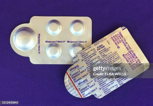 Image dated May 8, 2020 courtesy of Plan C shows a combination pack of mifepristone and misoprostol tablets, two medicines used together, also called...