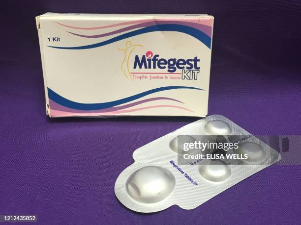 Image dated May 8, 2020 courtesy of Plan C shows a combination pack of mifepristone and misoprostol tablets, two medicines used together, also called...