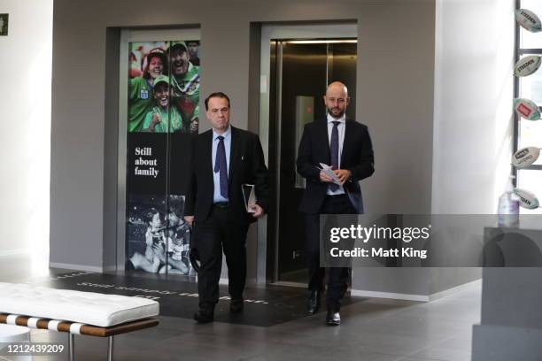 Chairman Peter V’landys and NRL CEO Todd Greenberg arrive to speak to the media during a NRL press conference at Rugby League Central on March 15,...