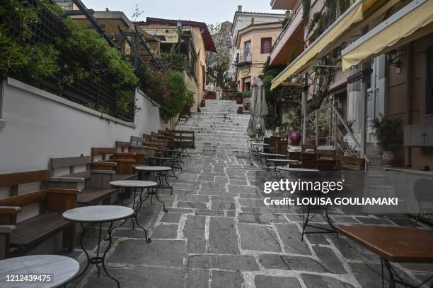 Picture taken on April 14, 2020 shows closed cafes and taverns at the touristic Plaka district, neighbouring with Koukaki district in Athens, during...