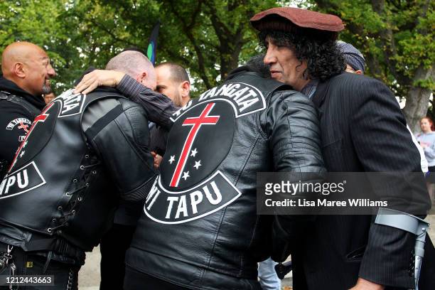 Taj Mohammed Kamra, a survivor of the Christchurch mosque attacks greets members of the Tu Tangata Iwi Tapu Motorcycle Club at the Masjid An-Nur...