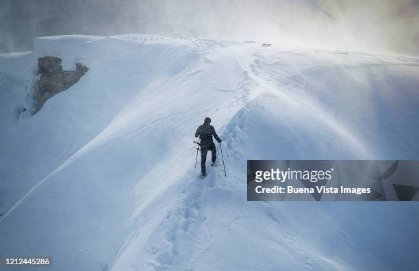 climber in a snow storm - terreno accidentato foto e immagini stock