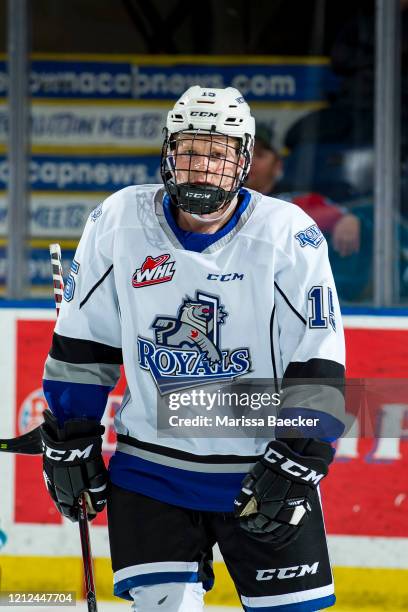 Braden Smith of the Victoria Royals skates to the bench during second period against the Kelowna Rockets at Prospera Place on March 11, 2020 in...