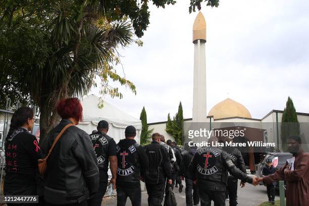 Members of the Tu Tangata Iwi Tapu Motorcycle Club visit the Masjid An-Nur mosque in support of the Christchurch Muslim community on March 15, 2020...