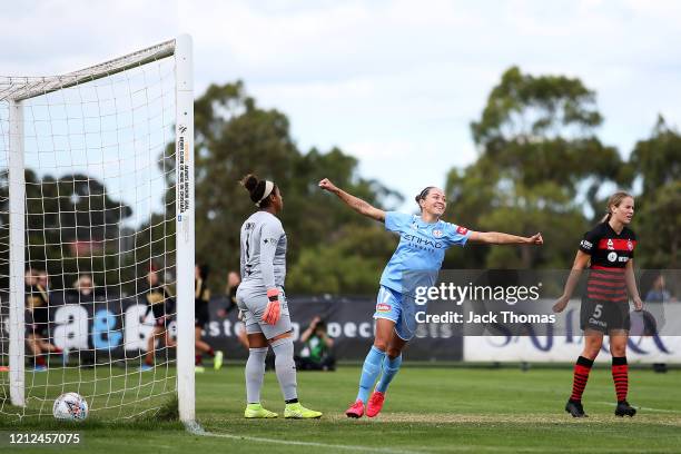 Kyah Simon of Melbourne City celebrates after scoring her team's second goal during the W-League Semi Final match between Melbourne City and the...