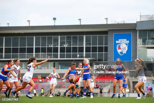 General view is seen as Ellie Blackburn of the Bulldogs kicks the ball during the round six AFLW match between the Western Bulldogs and the Fremantle...