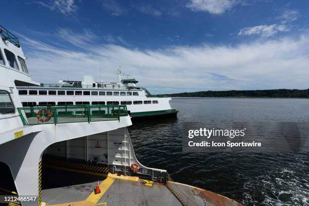 General view of the Washington state ferry Chimicum as it sits idle. State ferry service is running on a limited schedule due to the Coronavirus...