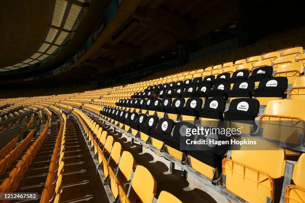 Seats are dressed in black as a tribute to each of the people who died in the Christchurch mosque attacks on the one year anniversary during the...