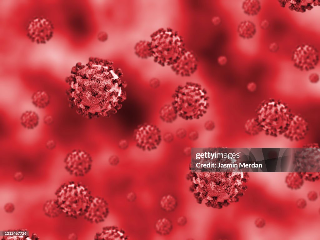 Corona Virus In Red Background - Microbiology And Virology Concept