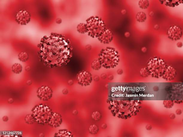 corona virus in red background - microbiology and virology concept - 中東呼吸系統綜合症 個照片及圖片檔