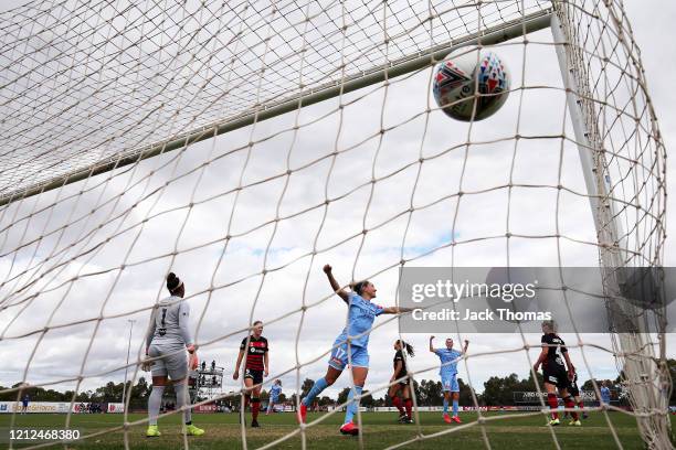 Kyah Simon of Melbourne City celebrates after scoring her team's second goal during the W-League Semi Final match between Melbourne City and the...