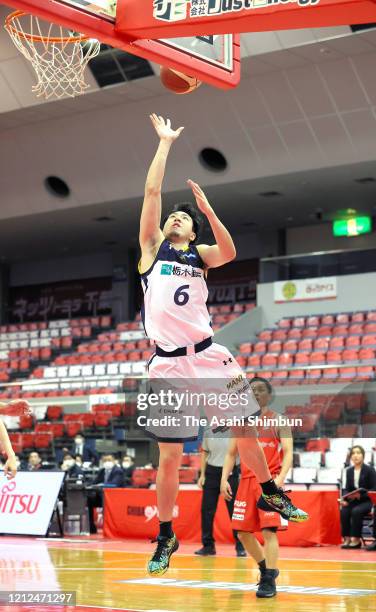 Makoto Hiejima of the Brex shoots during the B.League B1 game between Chiba Jets and Utsunomiya Brex at the Funabashi Arena on March 14, 2020 in...
