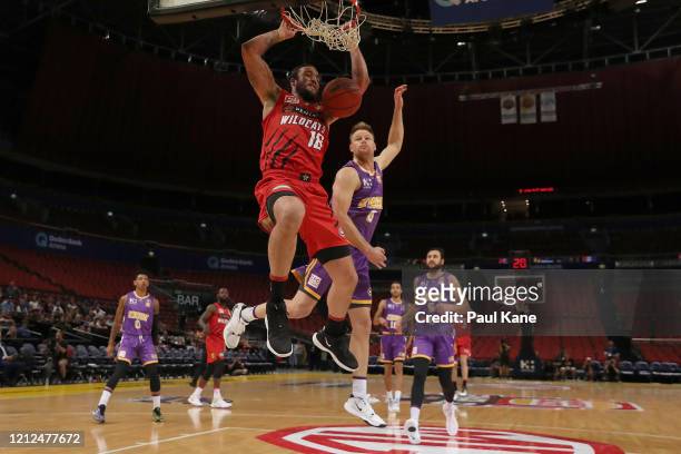 Miles Plumlee of the Wildcats dunks the ball during game three of the NBL Grand Final series between the Sydney Kings and Perth Wildcats at Qudos...