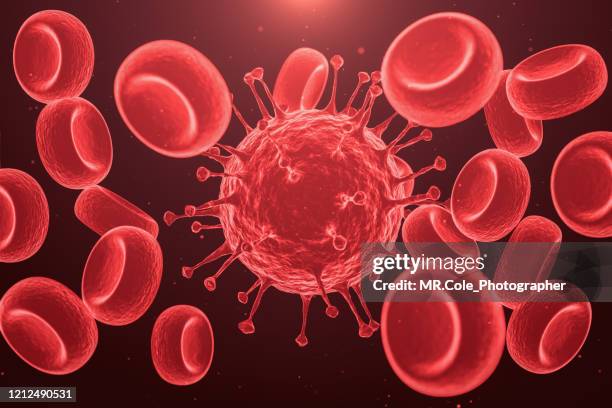 3d rendering microscopic illustration of the spreading 2019 corona virus or covid-19 and red blood cell background - red blood cell stock pictures, royalty-free photos & images