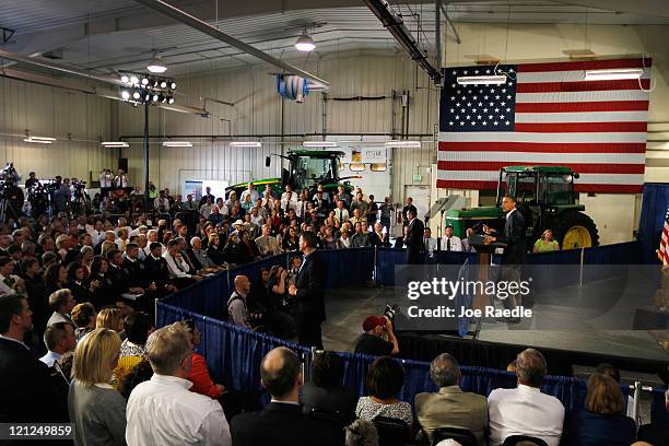 President Barack Obama speaks during the opening session of the Rural Economic Forum at Northeast Iowa Community College on August 16, 2011 in...