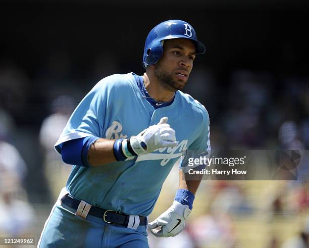 James Loney of the Los Angeles Dodgers heads to first base against the Philadelphia Phillies at Dodger Stadium on August 10, 2011 in Los Angeles,...