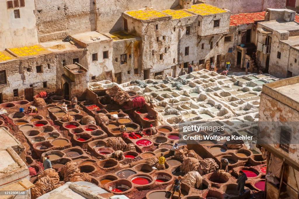View of the pits of the Chouara Tannery in the Medina (old...
