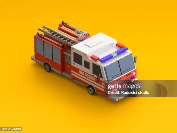 isometric vehicle car on orange background - carro de bombeiro fotografías e imágenes de stock