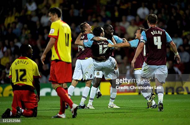 Joey O'Brien celebrates with Matt Taylor, Carlton Cole, Mark Noble and Kevin Nolan after he scored West Ham's second goal during the npower...