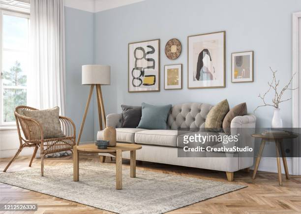 interno del soggiorno bohemien - rendering 3d - interno di casa foto e immagini stock