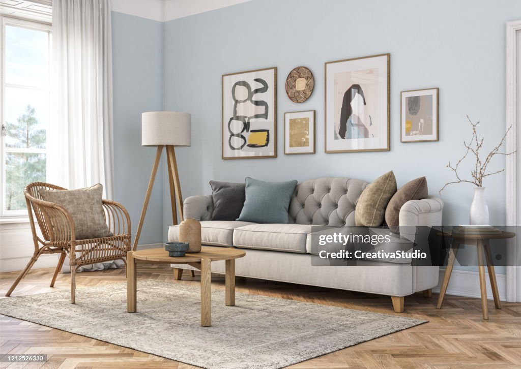 Bohemian living room interior - 3d render