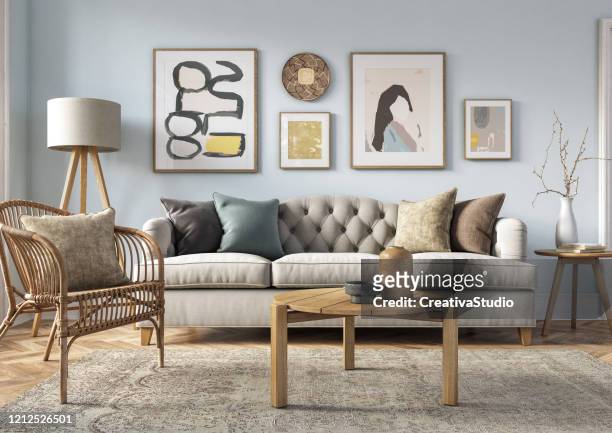 bohemian living room interior - 3d render - living room stock pictures, royalty-free photos & images