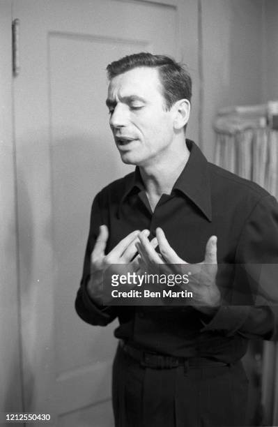 Yves Montand , Italian-French actor and singer backstage during his Broadway run of "An Evening With Yves Montand," October 1959.
