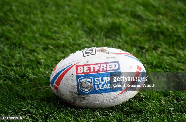 Detailed view of a match ball during the Betfred Super League match between Castleford Tigers and St Helens at The Jungle on March 15, 2020 in...