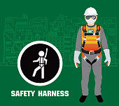 safety harness equipment and lanyard for work at heights, construction vector