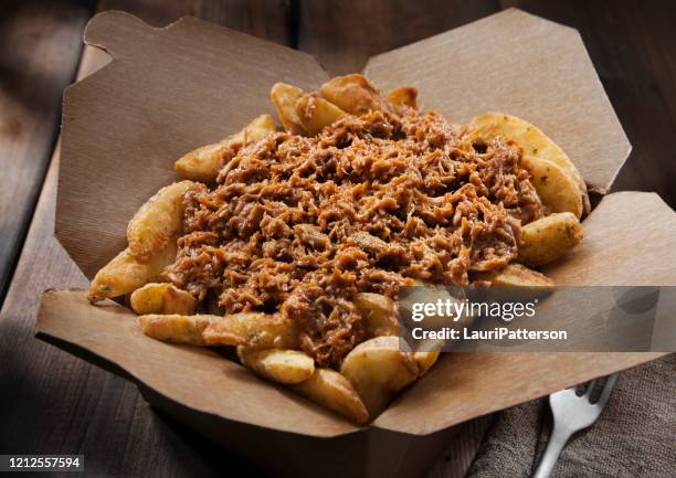 bbq pulled pork fries - pulled pork stock pictures, royalty-free photos & images