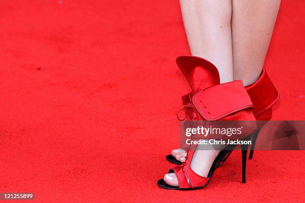 Detail view of the footwear belonging to Singer Hayley Westenra at the world film premiere of The Inbetweeners Movie at Vue West End on August 16,...