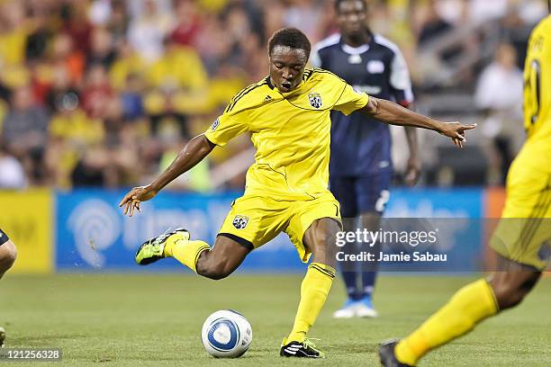 Emmanuel Ekpo of the Columbus Crew controls the ball against the New England Revolution on August 13, 2011 at Crew Stadium in Columbus, Ohio.