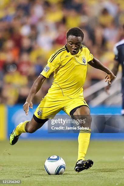 Emmanuel Ekpo of the Columbus Crew controls the ball against the New England Revolution on August 13, 2011 at Crew Stadium in Columbus, Ohio.