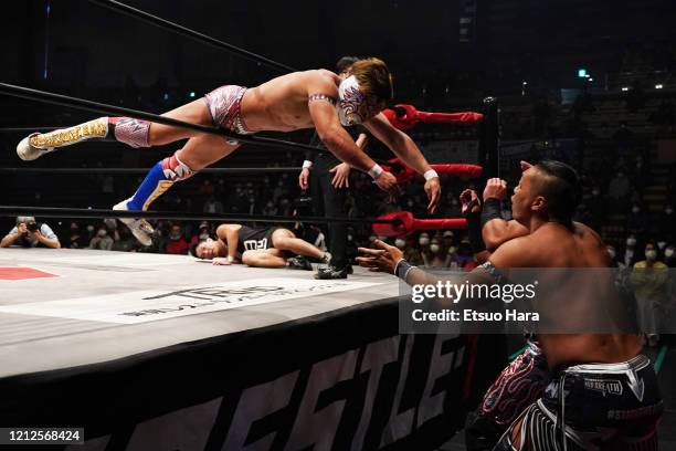 Pegaso Iluminar attacks CIMA during the 'Wrestle-1' Pro-Wrestling at the Ota City General Gymnasium on March 15, 2020 in Tokyo, Japan.