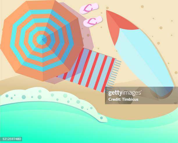 ilustraciones, imágenes clip art, dibujos animados e iconos de stock de sombrilla - bolsa de playa