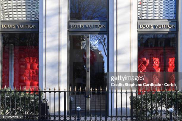 Closed Louis Vuitton shop is seen at Avenue Montaigne as France faces the coronavirus pandemy on March 15, 2020 in Paris, France. French Prime...