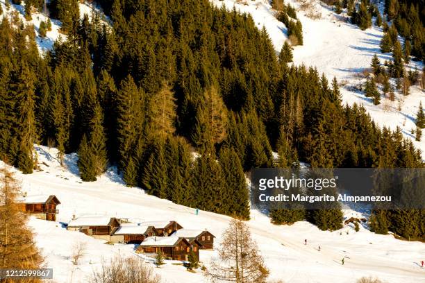 wooden huts covered in snow in a forest of pine trees - verbier bildbanksfoton och bilder