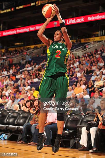 Swin Cash of the Seattle Storm shoots against the Phoenix Mercury on August 16, 2011 at U.S. Airways Center in Phoenix, Arizona. NOTE TO USER: User...