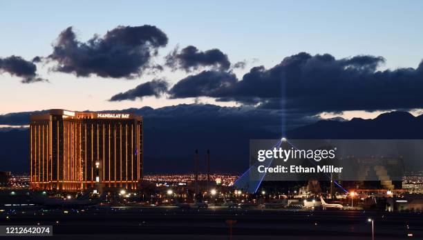 Mandalay Bay Resort and Casino and Luxor Hotel and Casino are shown as the coronavirus continues to spread across the United States on March 15, 2020...