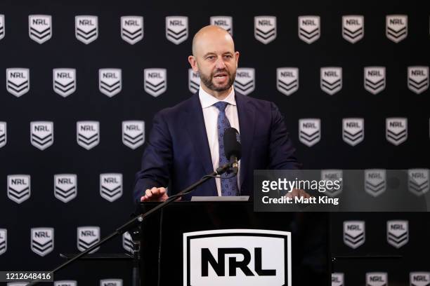 Todd Greenberg speaks to the media during a NRL Press Conference at Rugby League Central on March 16, 2020 in Sydney, Australia. The NRL provided an...