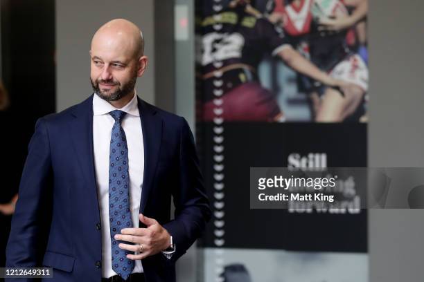 Todd Greenberg walks in to speak to the media during a NRL Press Conference at Rugby League Central on March 16, 2020 in Sydney, Australia. The NRL...