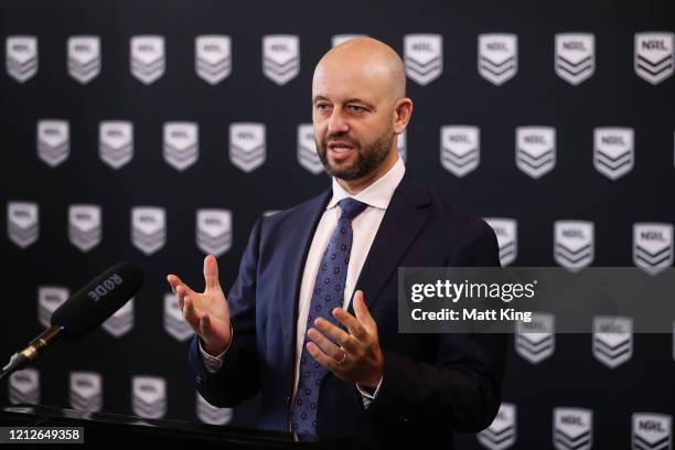 Todd Greenberg speaks to the media during a NRL Press Conference at Rugby League Central on March 16, 2020 in Sydney, Australia. The NRL provided an...