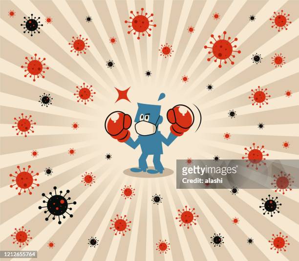 bildbanksillustrationer, clip art samt tecknat material och ikoner med blå man bär medicinsk ansiktsmask och boxninghandskar för att bekämpa nya coronavirus (influensa, bakterie, virus, luftföroreningar) - kampsport