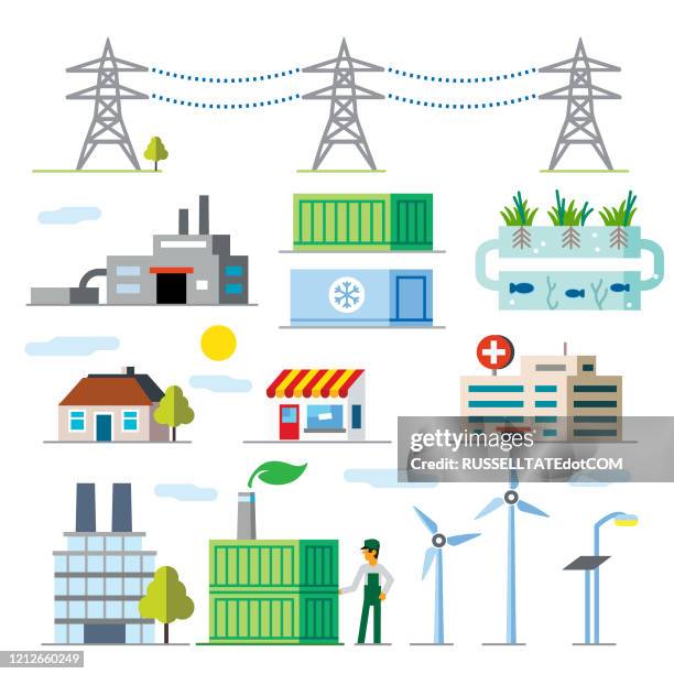 micro grid eco park - solar street light stock illustrations