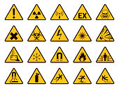 Warning signs. Yellow triangle alerts symbols, attention chemical, flammable and radiation danger, accident exclamation caution vector icons