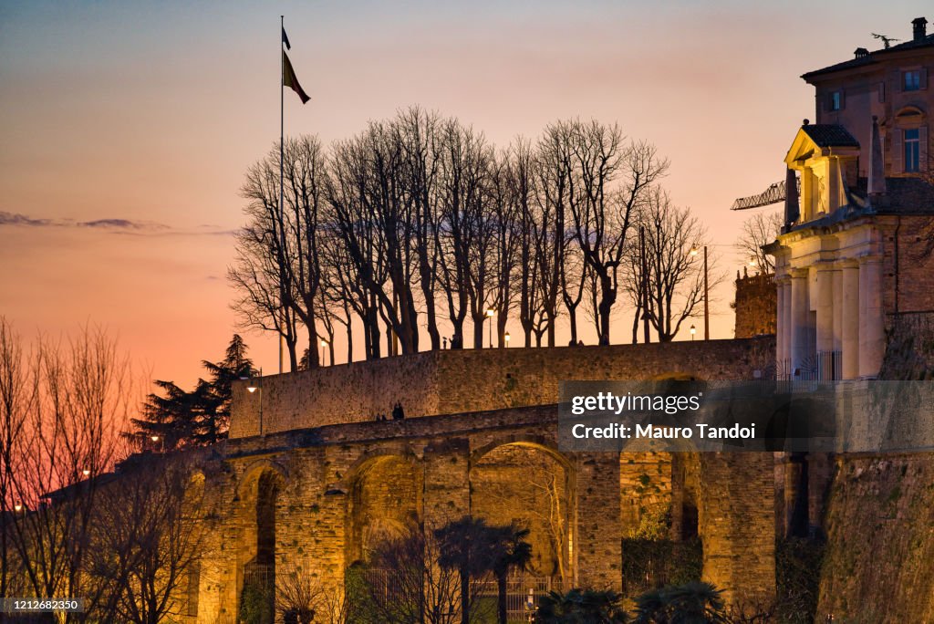 Saint James Door "Porta San Giacomo" at Dusk, city of Bergamo, Italy