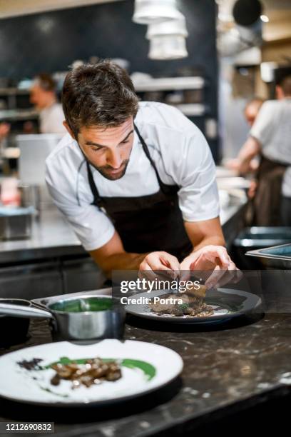 männliche koch zubereitung von lebensmitteln in der kommerziellen küche - premium kitchen stock-fotos und bilder